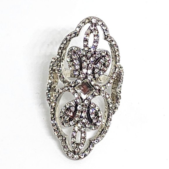 Victorian Style Pave' White Rhinestone Dressy Silver Cocktail Ring SZ 5 - Picture 5 of 9